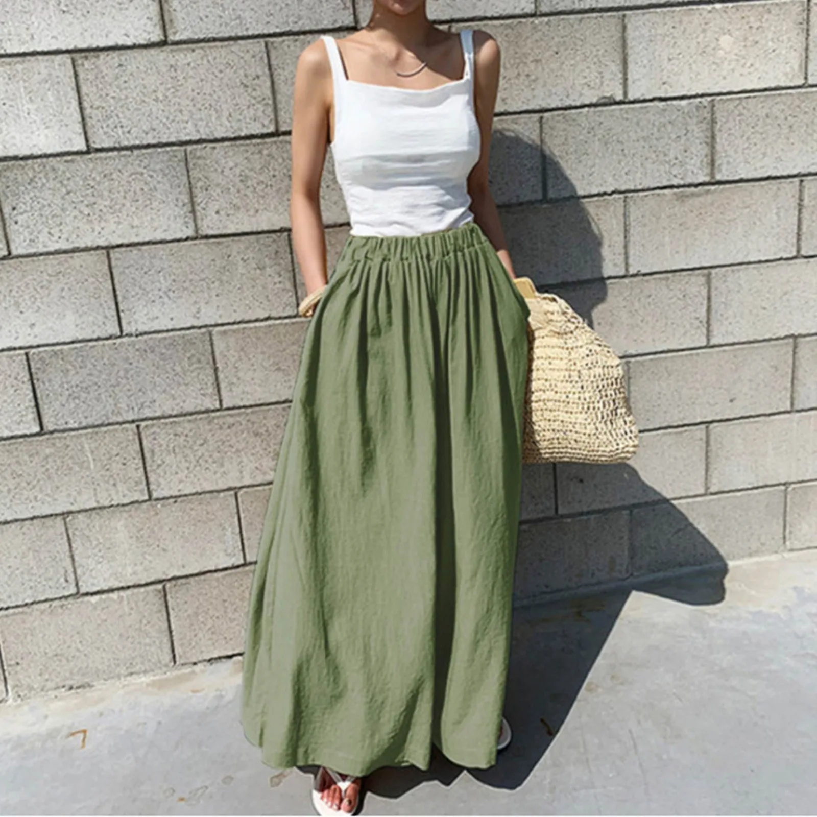 

Women Casual Cotton Linen Wide Leg Beach Pants Loose Elastic Waist Casual Joggers Pants Pockets Bohemian Wide Leg Pants Pantalon