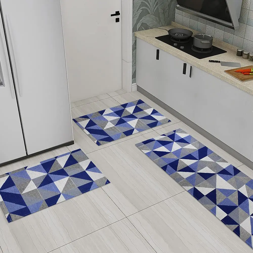 

Set Carpets 3 Pieces Kitchen Non-slip Mosaic Blue Modern Decoration Kit Non-slip Floor Mat Bedside Rug Bathroom Rugs Room Decora