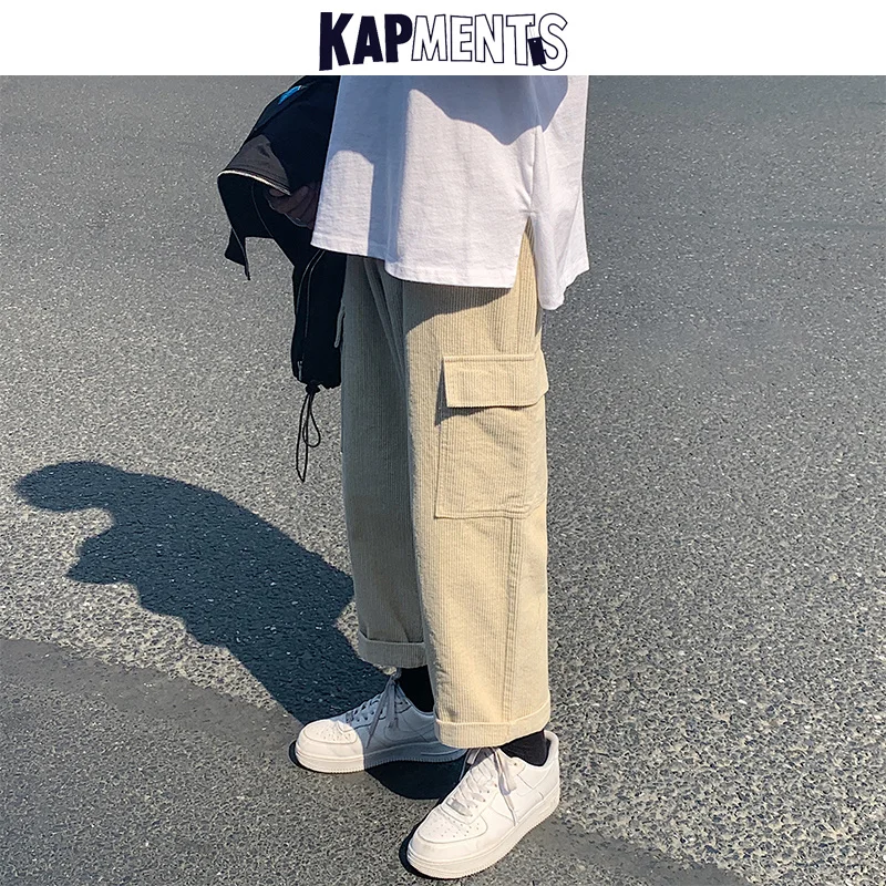 

KAPMENTS Vintage Men Corduroy Pocket Baggy Cargo Pants 2022 Joggers Mens Japanese Streetwear Wide Leg Pants Male Korean Trousers