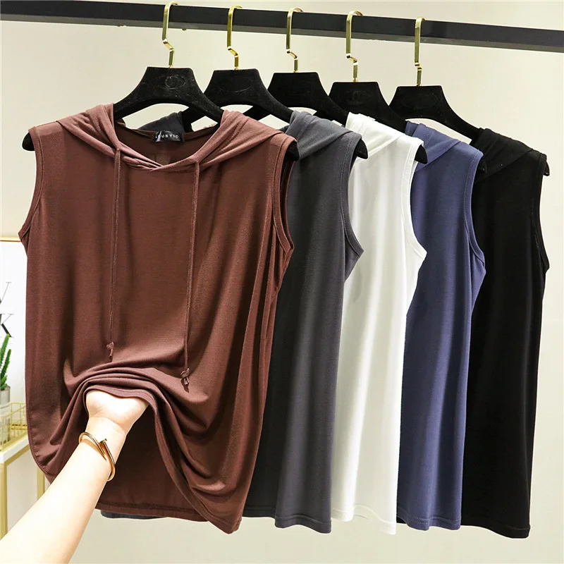 

2022 Summer New Modal Women's T-Shirt Korean Style Thin Sleeveless Loose Solid Casual Tees Top 121648WTA