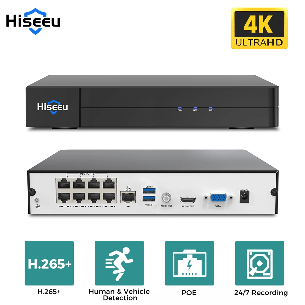 Фото Сетевой видеорегистратор Hiseeu 8CH 4K PoE NVR, 8-канальный для HD 8MP 5MP 6MP 4MP 3MP IP POE камера H.265 №1