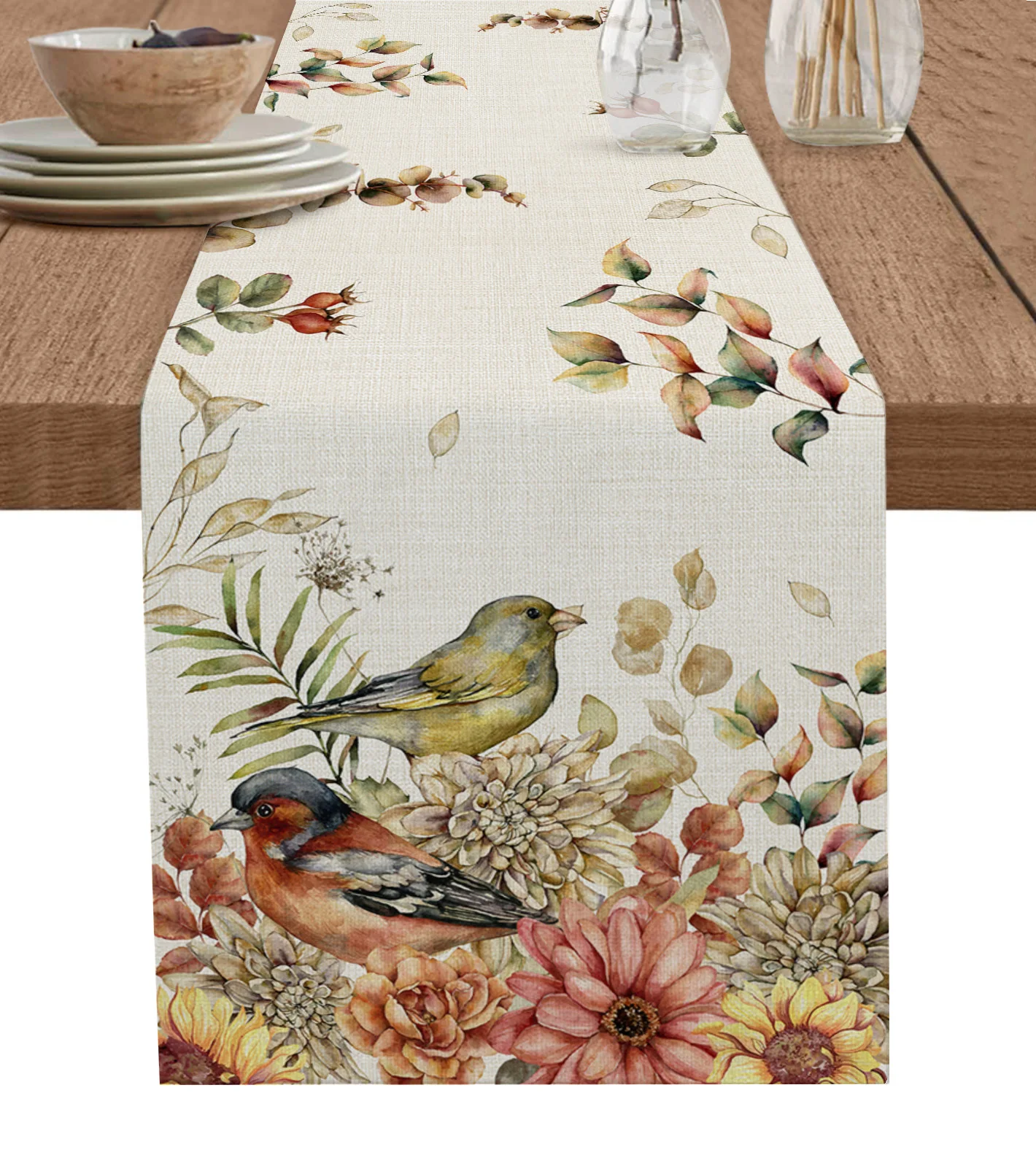 

Eucalyptus Autumn Dahlia Linen Table Runners Wedding Party Kitchen Home Decor Dining Antifouling Table Runner