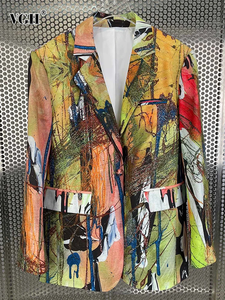 

VGH Streetwear Print Blazer Coats For Female Colorblock Lapel Collar Loose Long Sleeve Women's Casual Blazers 2022 Fashion Style