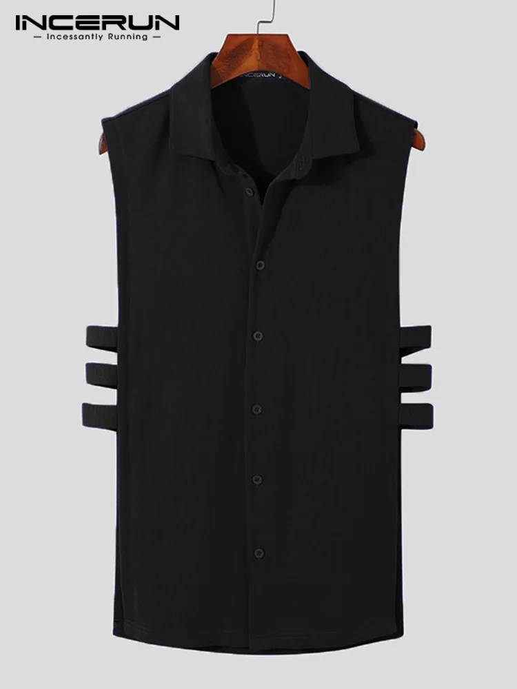 Handsome Well Fitting Tops Men's Side Cutout Connection Blouse Stylish Male Hot Sale Solid Sleeveless Shirts S-5XL INCERUN 2022