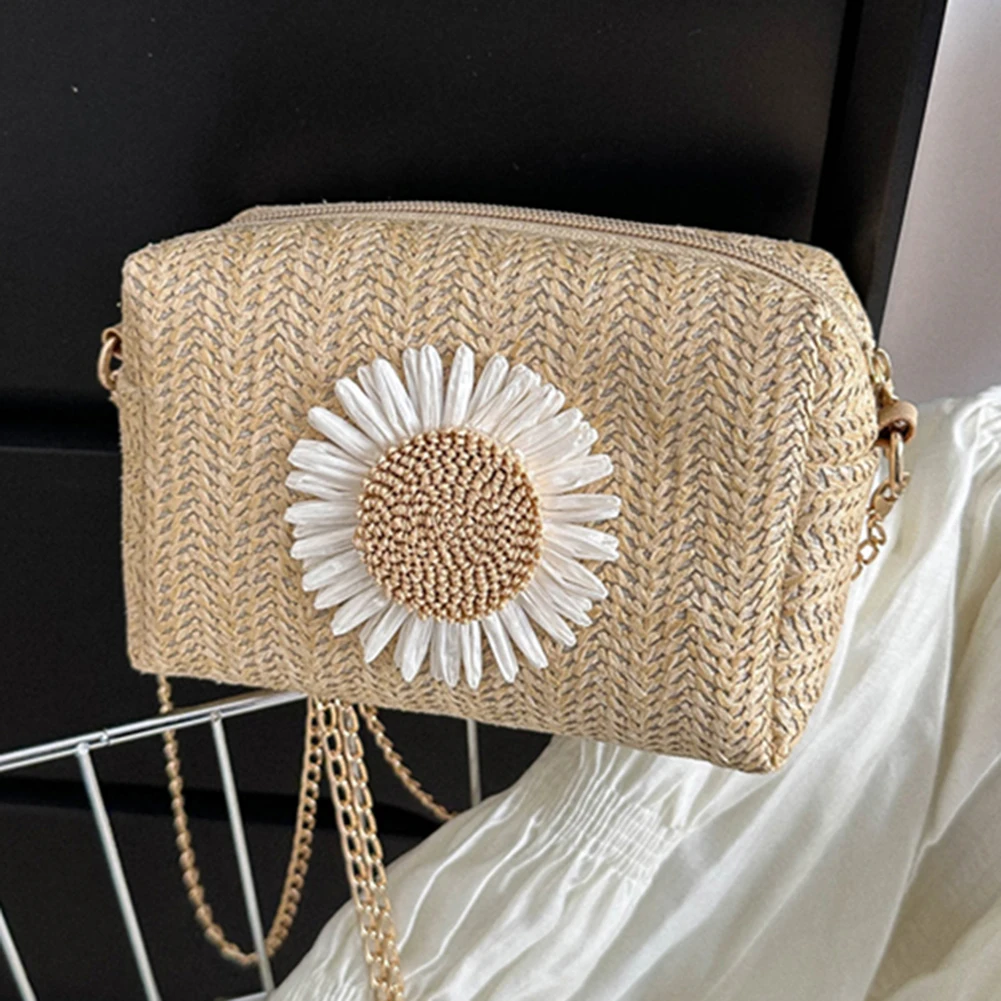 

Women Fashion Shoulder Bag Casual Zipper Straw Crossbody Bag Lightweight Breathable Flower Ornament for Travel Vacation Daily