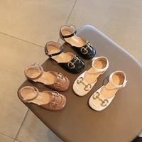 girls square toe leather shoes summer fashion children moccasin shoes kids retro covered toes sandals with metal flats shoes