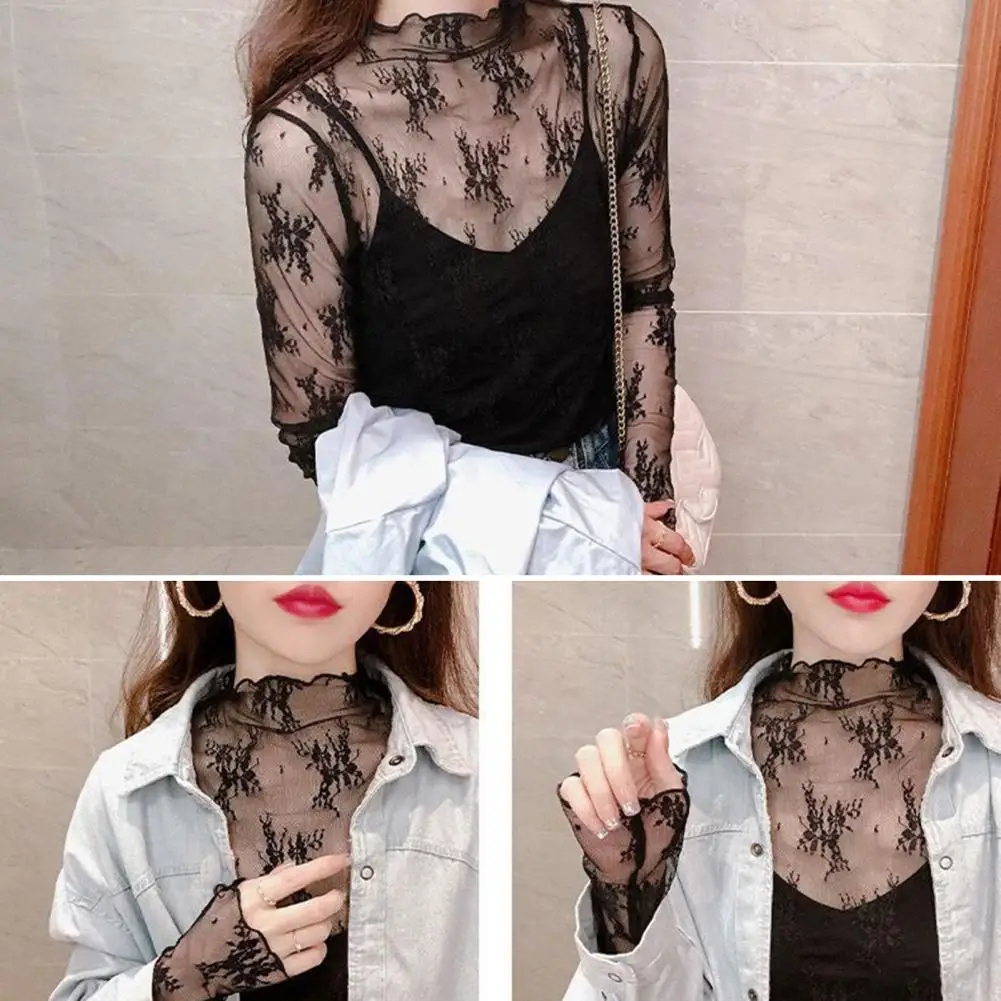 

Lace Blouse Sheer Anti Pilling Anti-UV See-Through Mesh Yarn Pullover Top Perspective Top Streetwear