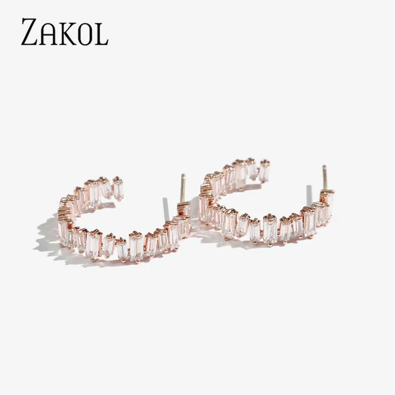 

ZAKOL Trendy Baguette Cubic Zirconia Hoop Earrings for Women White Circle Stud Earrings Korean Fashion Jewelry Drop Shipping
