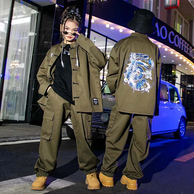 

Kid Chinese Vintage Hip Hop Clothing Army Green Shirt Top Casual Cargo Jogger Pants for Girl Boy Jazz Dance Costume Clothes Set