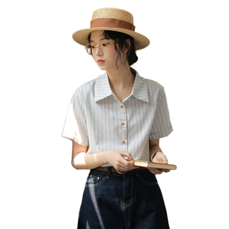 Женская рубашка с отложным воротником Летняя Повседневная Свободная в полоску