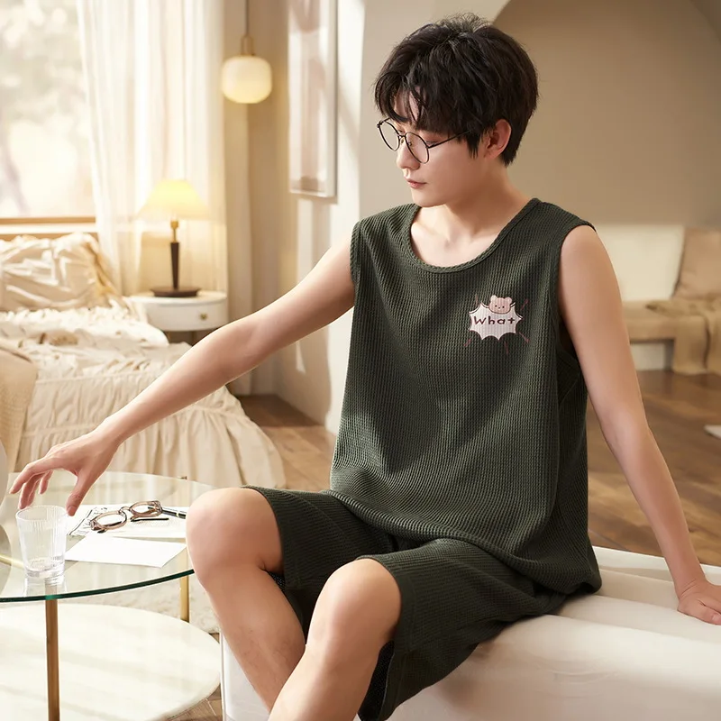 New Design Men Summer Pyjamas Sleevelss Cotton Eco Friendly Fabric Casual Homewear Male Pajama Sets