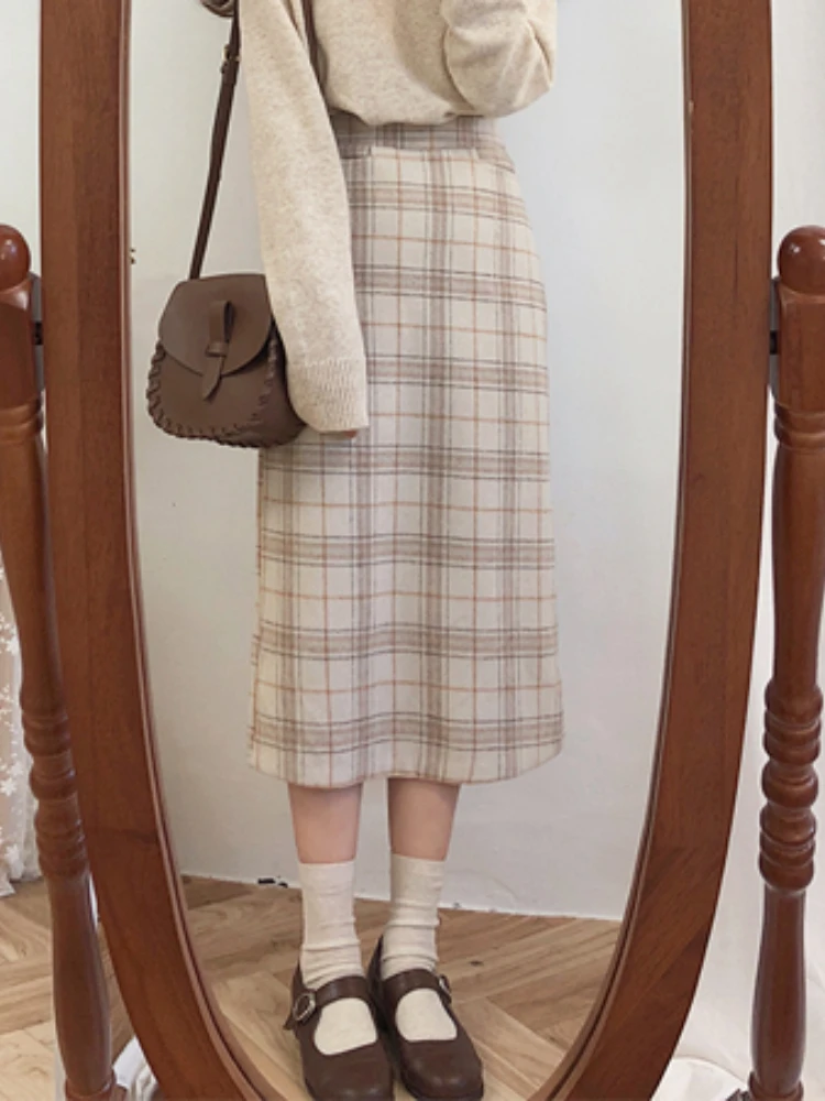 Skirt Fall Vintage Plaid Women Skirt Girls Mid Long Skirt Female Warm Thick Girls Skirt Winter