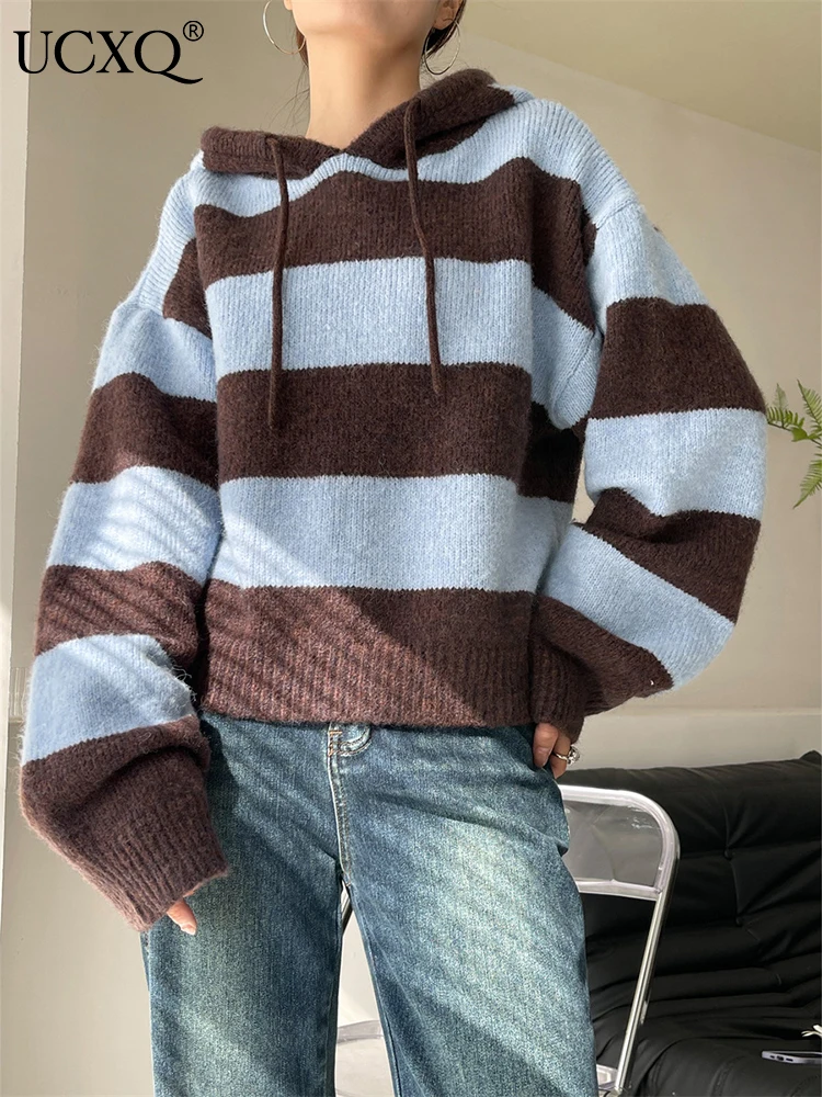 

Женский полосатый свитер с капюшоном UCXQ, дизайнерский эластичный пуловер в стиле пэчворк, осенние модные свободные вязаные свитера с длинным рукавом, новинка 2023