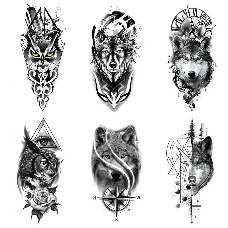 

Owl Tattoo Sticker Waterproof Men 'S Line Wolf Head Animal Pattern Flower Arm Large Pattern Stickers