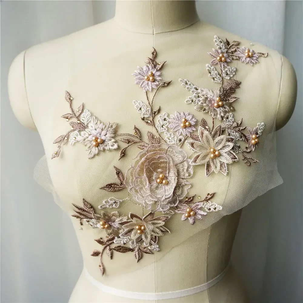 Коричневая фиолетовая розовая кружевная ткань 3D цветы Аппликации бусины вышивка