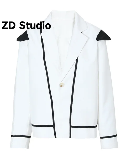 

[ZD Studio] Women White Color-block Size Blazer New Lapel Long Sleeve Loose Fit Jacket Tide Spring Autumn 2023