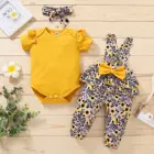 Комплект одежды для новорожденных девочек, пуловер с коротким рукавом и оборками, комбинезон с цветочным принтом, комбинезон с бантом, штаны, повязка на голову