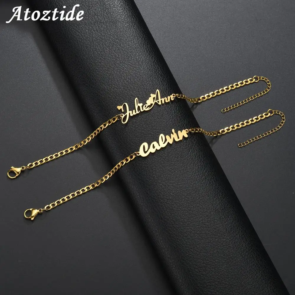 

Atoztide Custom Personalized Name Bracelet Stainless Steel Charms Handmade Cuban Chain Engraved Handwriting NK Bangle Gift