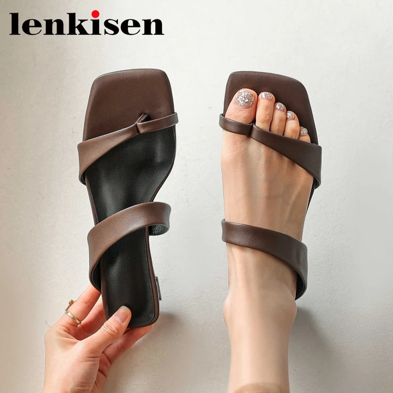 

Lenkisen Genuine Leather Flip Flop Med Heel Slip on Mules Retro Fashion Solid Beauty Lady Streetwear Classic Women Sandals L55