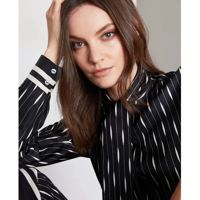 

Line Stripe Printing Mulberry Silk Blouse Women Fashion Streamer Long Sleeve Black White Shirt 2022 Spring New Style