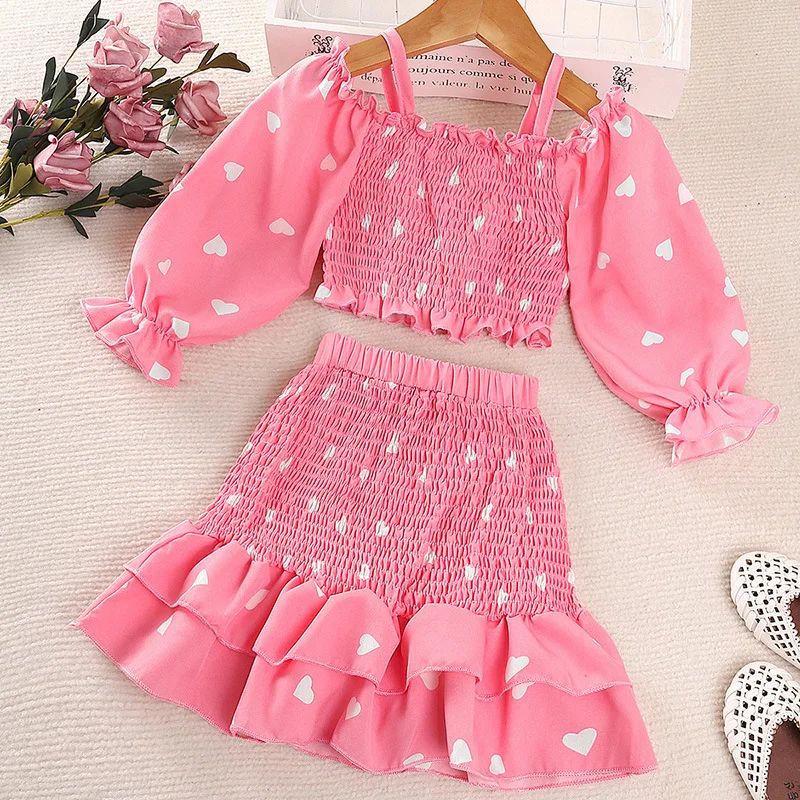 

2pcs Girls Outfit Polka Dot Heart Graphic Puff Sleeves Cold Shoulder Shirred Top & Layered Hem Skirt Set Kids Summer Clothes