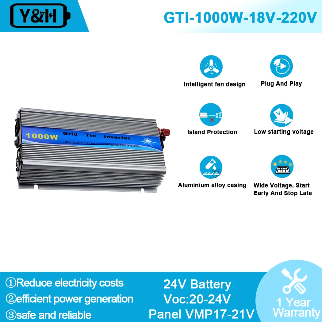 

1000W Grid Tie Solar Inverter DC30-45V MPPT Pure Sine Wave Micro Inversor PV Input AC120V/220V for 36V Solar Panel Home System