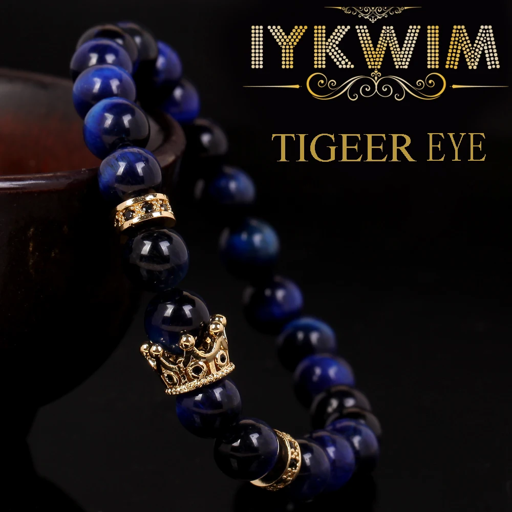 

Natural Blue Tiger Eye Stone Beads Bracelet Micro Pave Zircon Spacer Crown Jewelry Gift For Men Women Fashion Elastic Rope 8mm