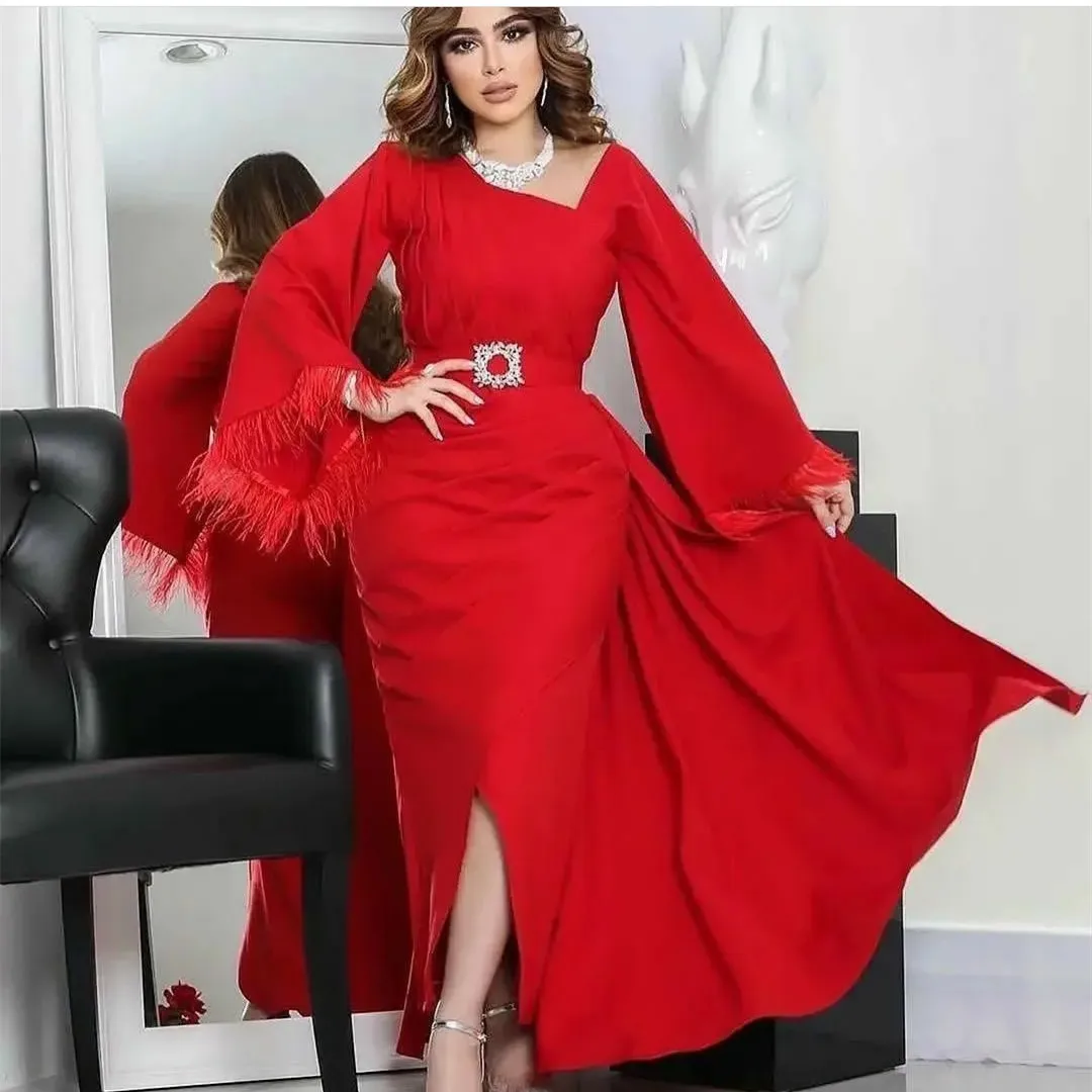 

Vintage Long Red Crepe Evening Dresses With Feathers فساتين السهرة Sheath Ankle Length Prom Dress Robe de soirée for Women