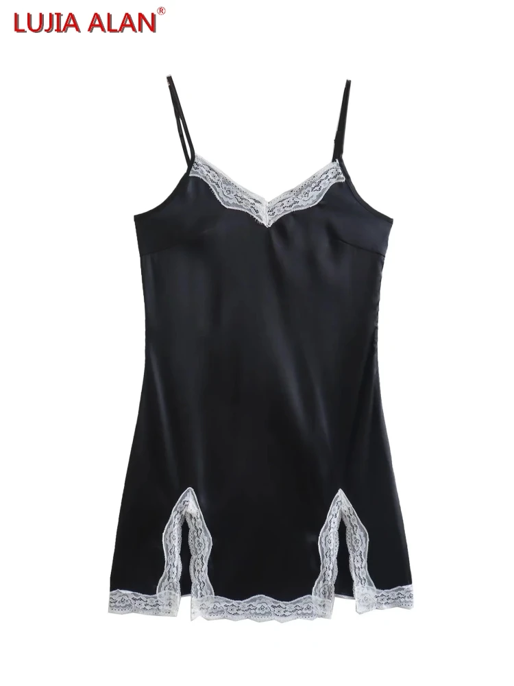 

Women Lace Splicing Side Slit Satin Sling Mini Dress Summer Female Slim Vestidos LUJIA ALAN WD213