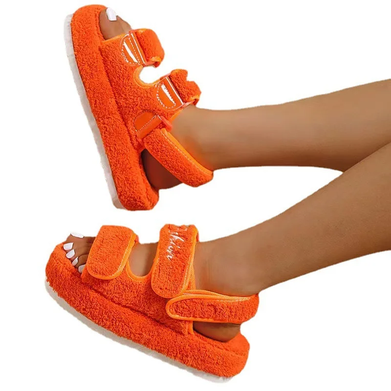 Plush Sandals for Women 2023 New Fashion Platform Shoes Retro Flat Fluffy Furry Casual Shoes Female Light Round Toe Sandalias