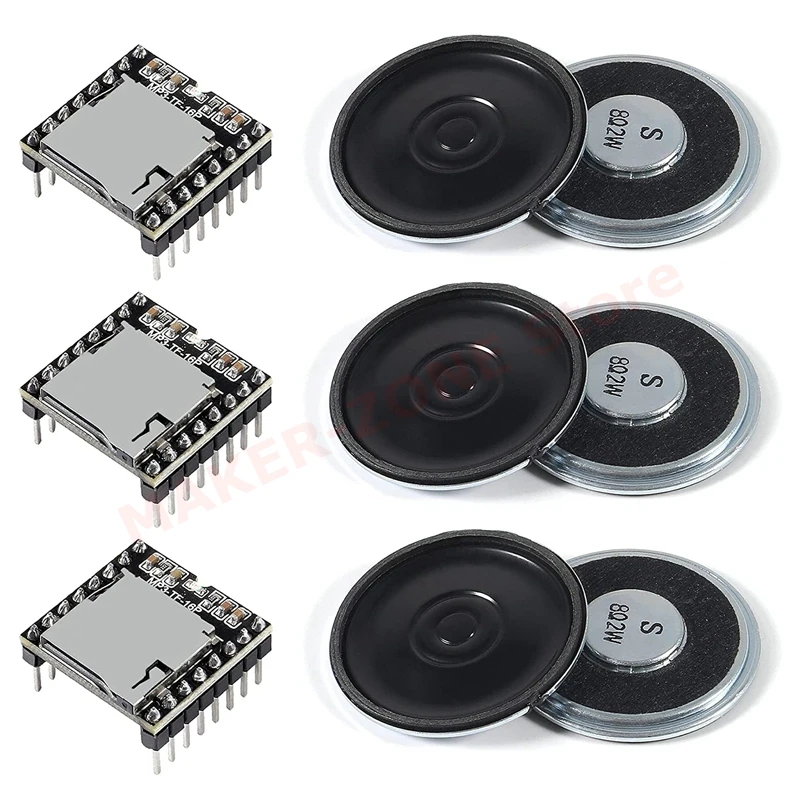 3Pcs Mini MP3 Player Module Dfplayer Audio Music Modules Voice Decode Board with 6Pcs 2W 8Ohm Speaker Round for Arduino DIY