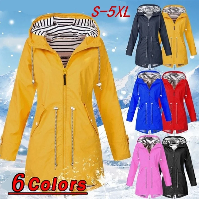 Women's Fashion Hooded Outdoors Zipper Windproof Trench Coats Casual Waterproof Drawstring Rain Jackets Mountaineeri Female