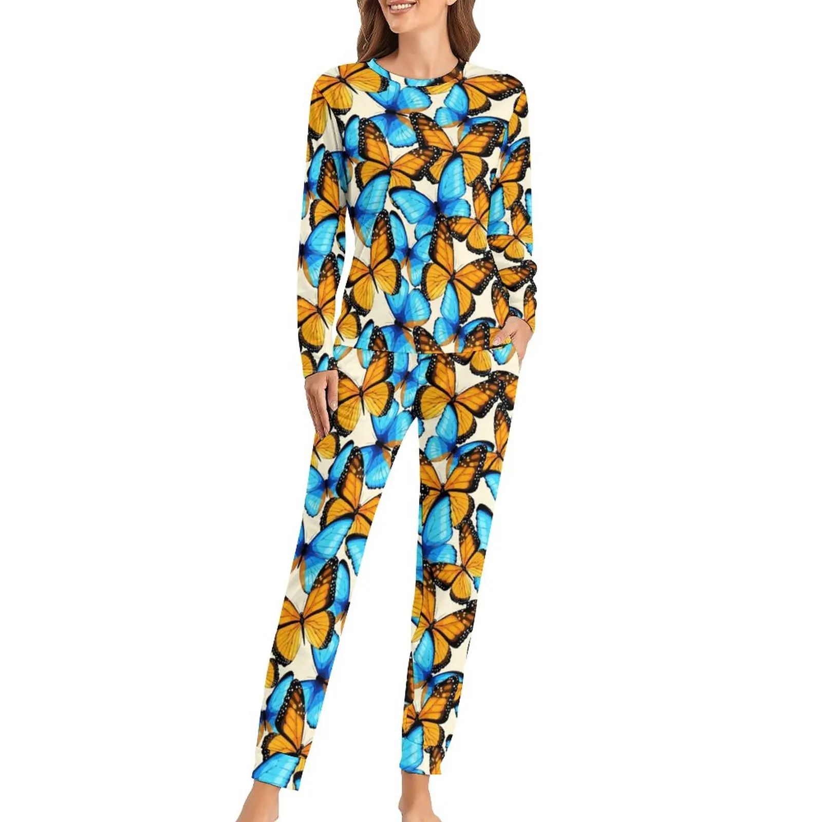

Blue And Yellow Monarch Butterfly Pajamas Butterflies Art Watercolor Animal Room Oversize Sleepwear Pajamas Set Warm Home Suit