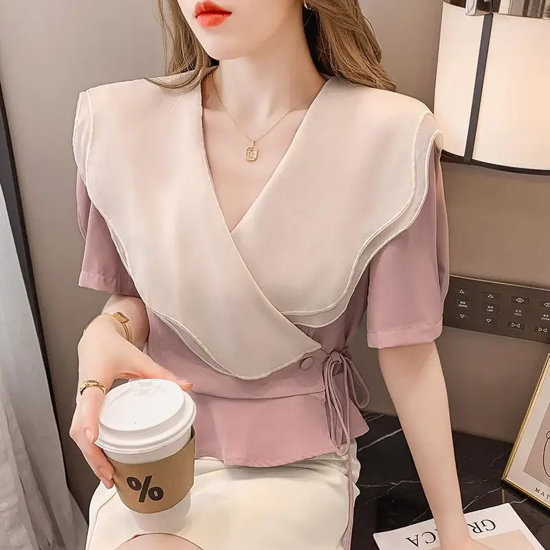 

Chiffon shirt female short -sleeved blouse 2022 Summer new fashion foreign solid waist top design fashionable small shirt
