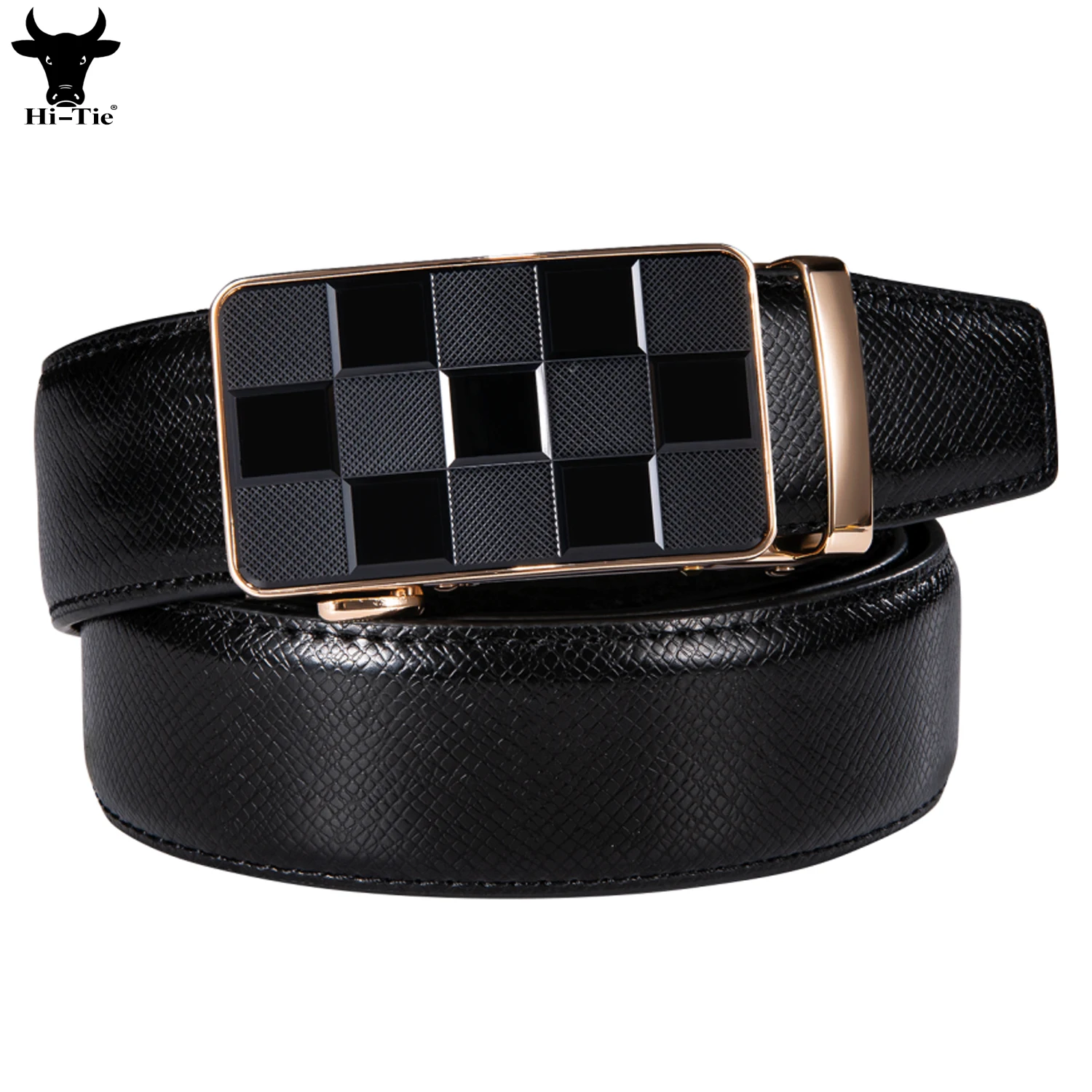 Hi-Tie Black Real Leather Mens Belts Gold Automatic Buckles Ratchet Vintage Waistband Belt for Men Jeans Dress Business Wedding