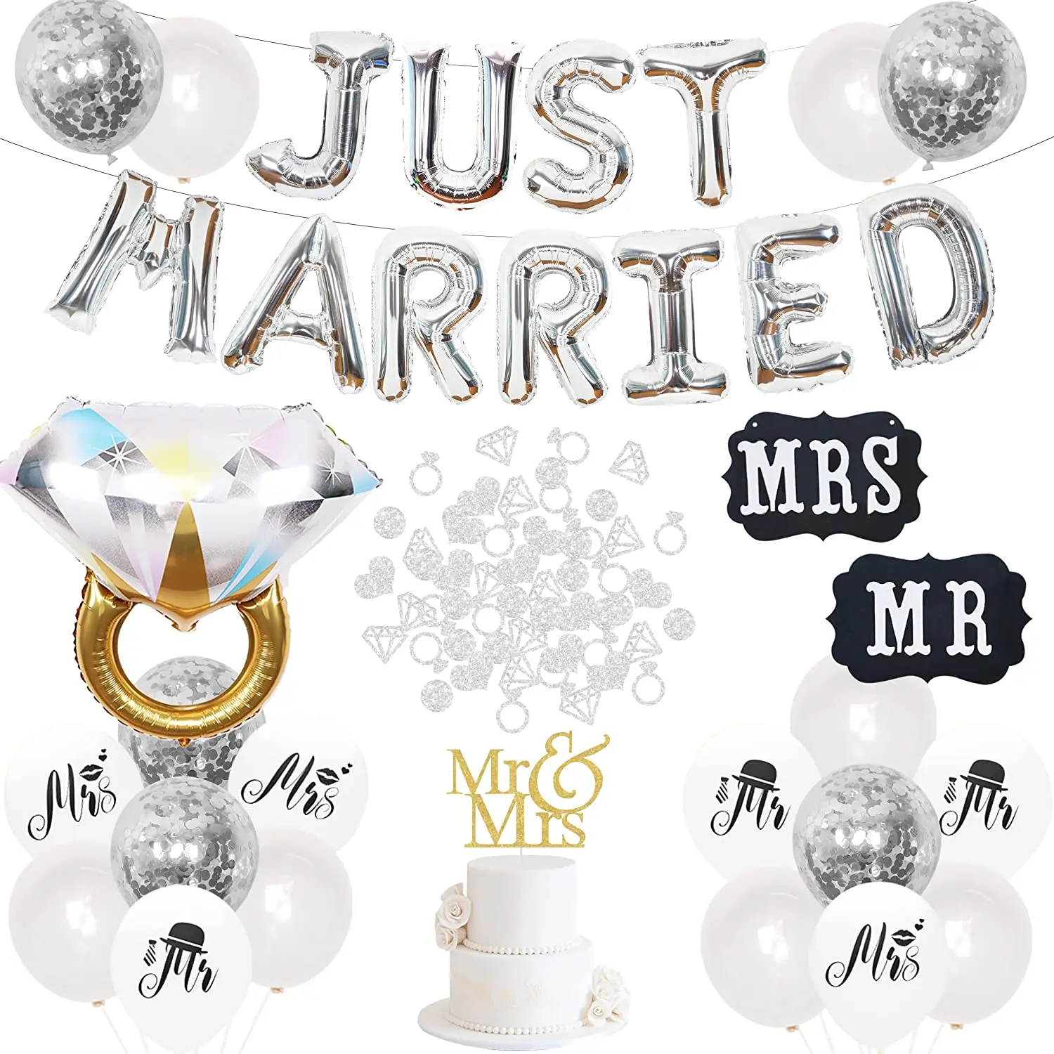 

JOLLYBOOM Just Married Party Decorations Silver Balloon Banner Mr and Mrs Cake Topper Marriage Wedding Engagement Party Supplies