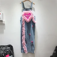 european style shoulder strap jeans for women 2022 summer autumn new fashion brand mesh sequined tassel loose wide leg overalls