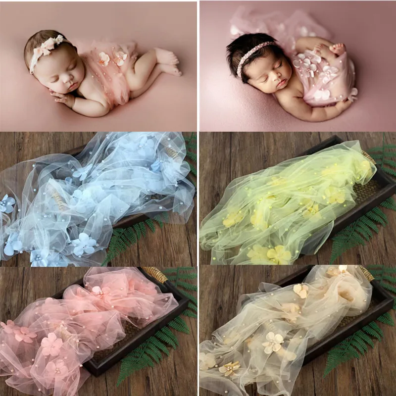 Newborn Photography Clothing Floral Pearl Wrap Mesh Backdrop Studio Shoot Background Blanket Baby Girl Photo Props Accessories