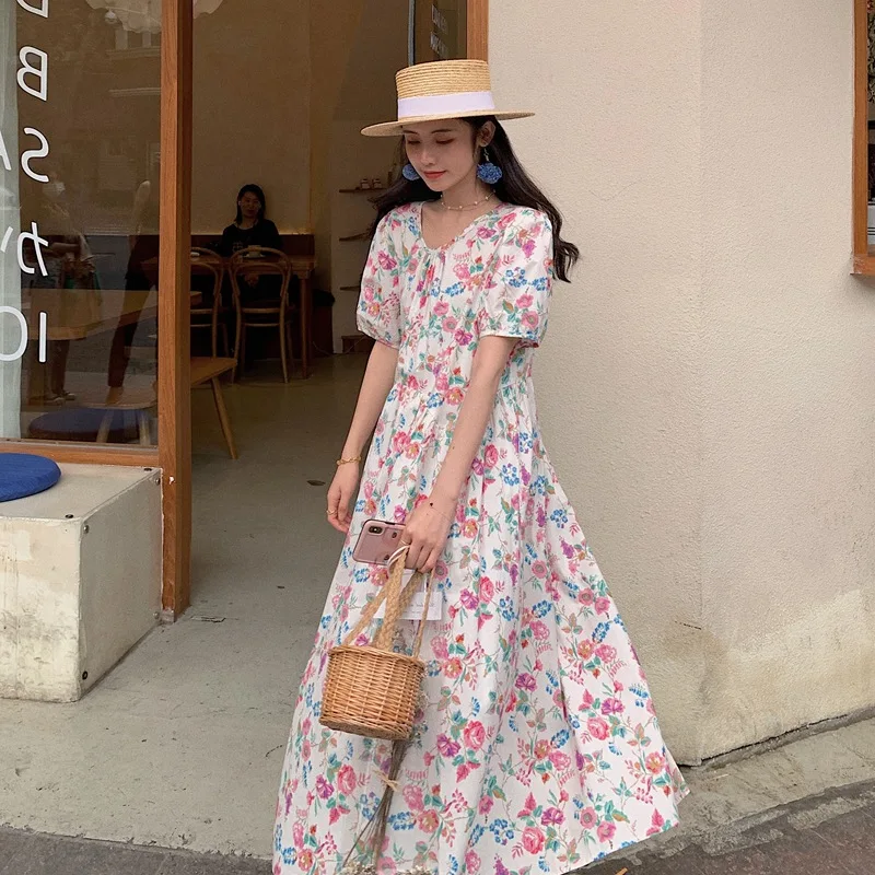 

Летнее женское облегающее платье из хлопка с цветочным принтом, милое свободное повседневное платье в пасторальном стиле с пышными рукавам...