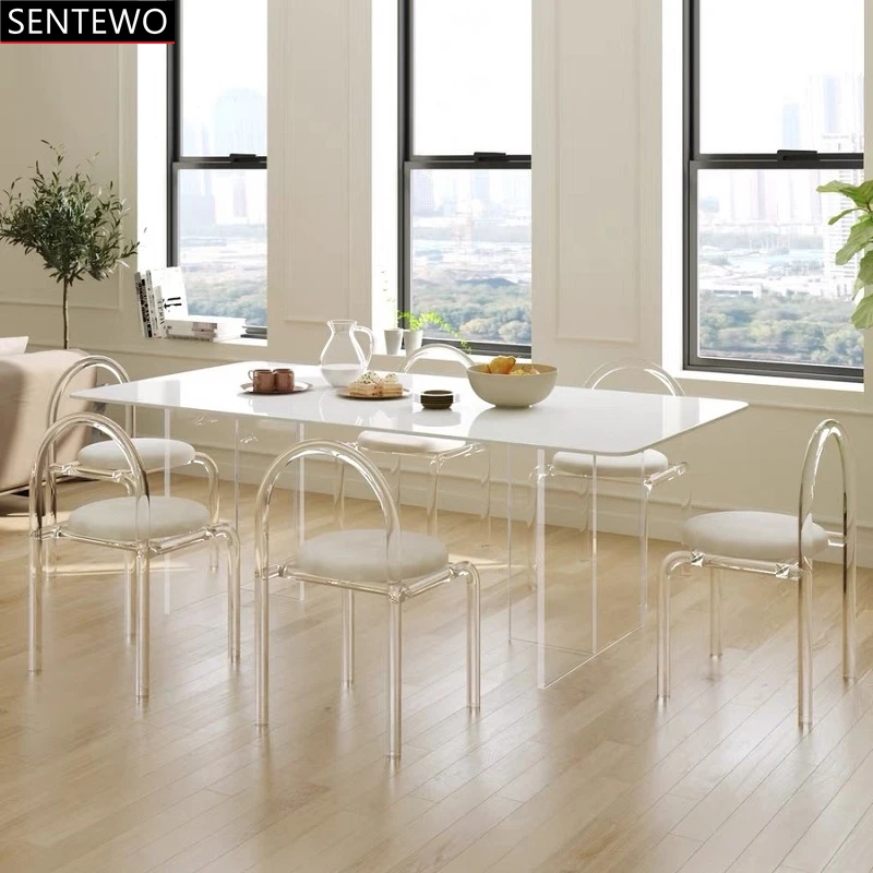 

SENTEWO Free Shipping Italian Rock Slab Kitchen Dining Table Chair Set Clear Acrylic Floating Base Tables Chairs Home Furniture