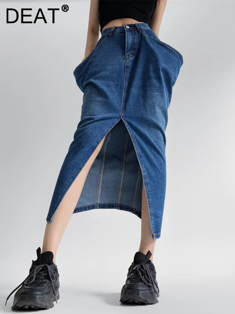 

DEAT Fashion Women's Denim Skirt Slim Big Pockets Jag Mid-calf Washed Slight Strech Cotton Pencil Skirts Summer 2023 New 17A9753
