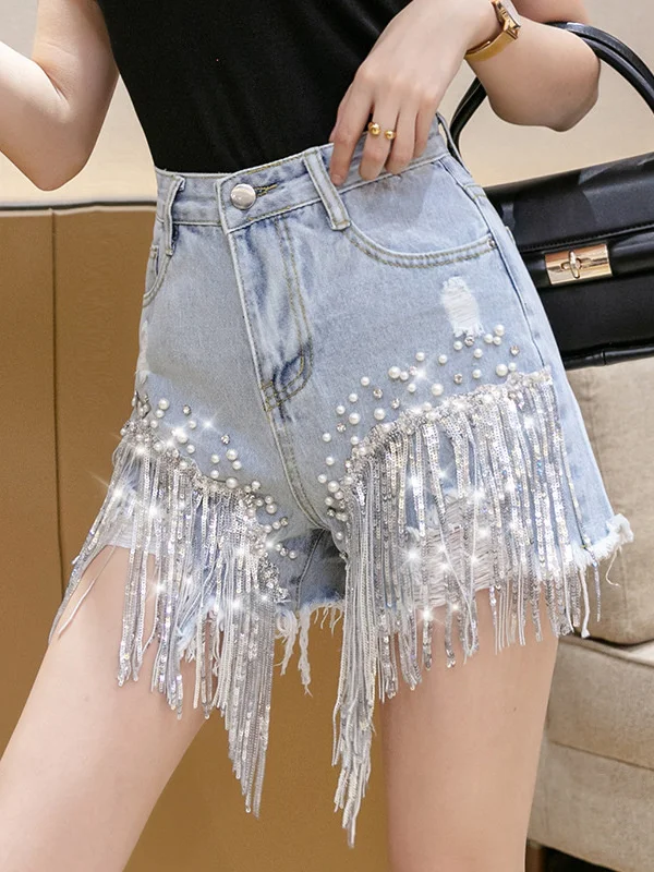 

2022 summer new style elegant same style shorts women's fashion net red high waist diamond studded heavy industry tassel denim
