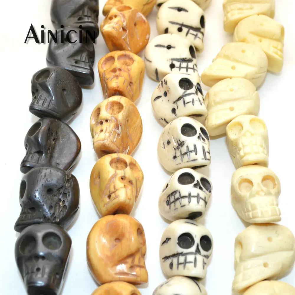 Many Size Genuine Ox Bone Black White Yellow Color Skull Head Carved Strand Loose Beads DIY Jewelry Making Findings 19~50pcs/lot