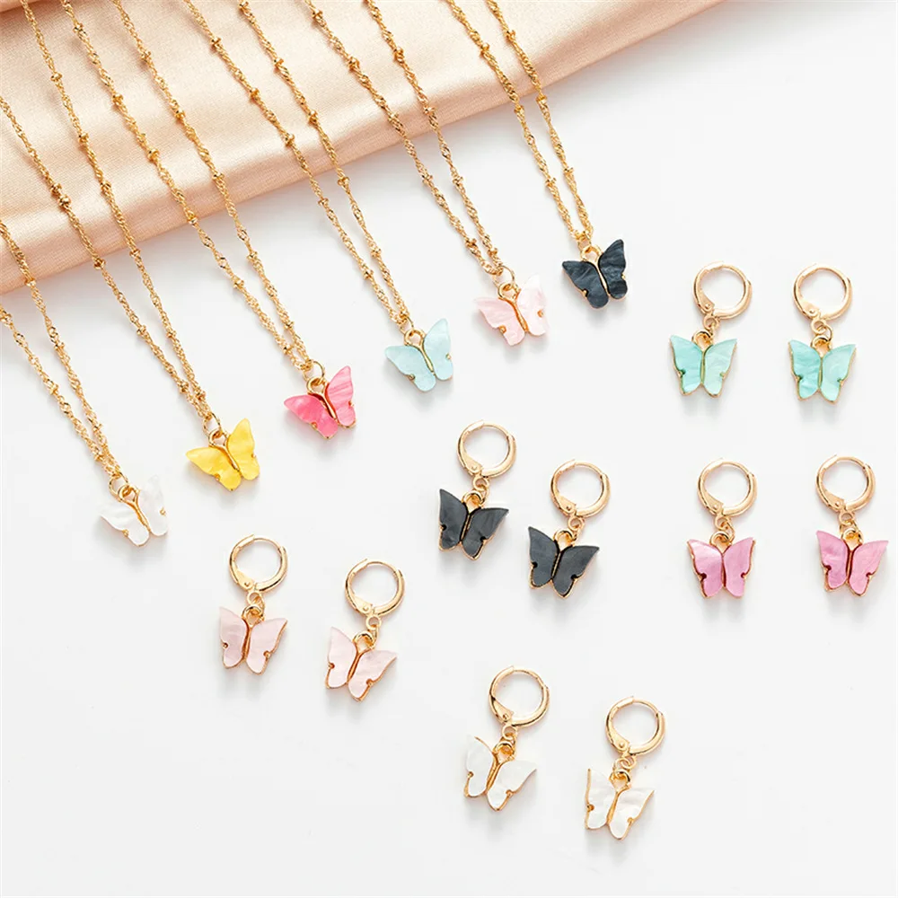 

New Ladies Jewelry Set European and American Fashion Explosive Acrylic Butterfly Earrings Necklace Set 2 Piece Jewelry Set