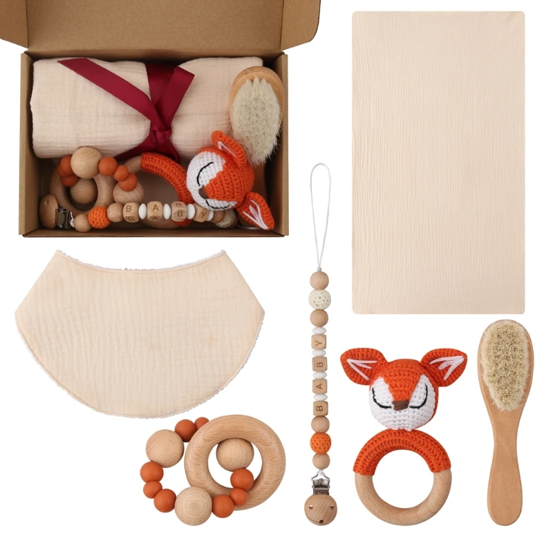 

Набор детских игрушек для ванны, треугольный нагрудник для кормления + Щетка для волос для новорожденных + погремушка в виде слона для вязан...