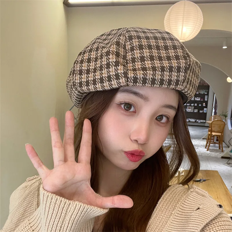 Женский осенне-зимний восьмиугольный берет в клетку винтажная шапка художника