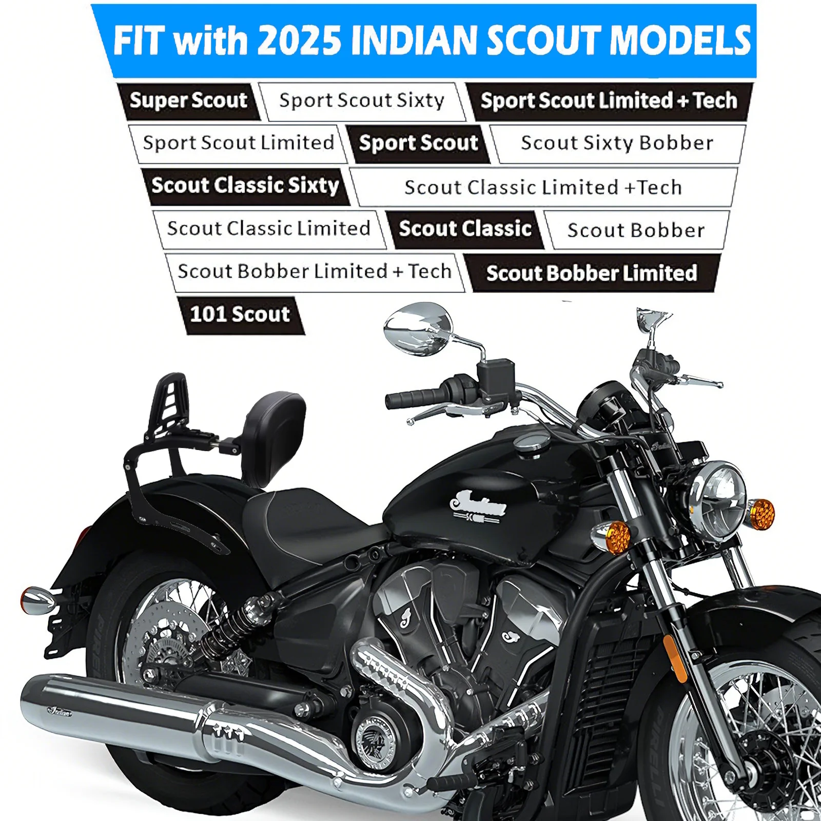 Фото Для Indian 2025 Super Scout Bobber Sport Scout 101, шестидесятые аксессуары, регулируемая складная спинка для мотоцикла, пассажирская спинка, Sissy Bar №2