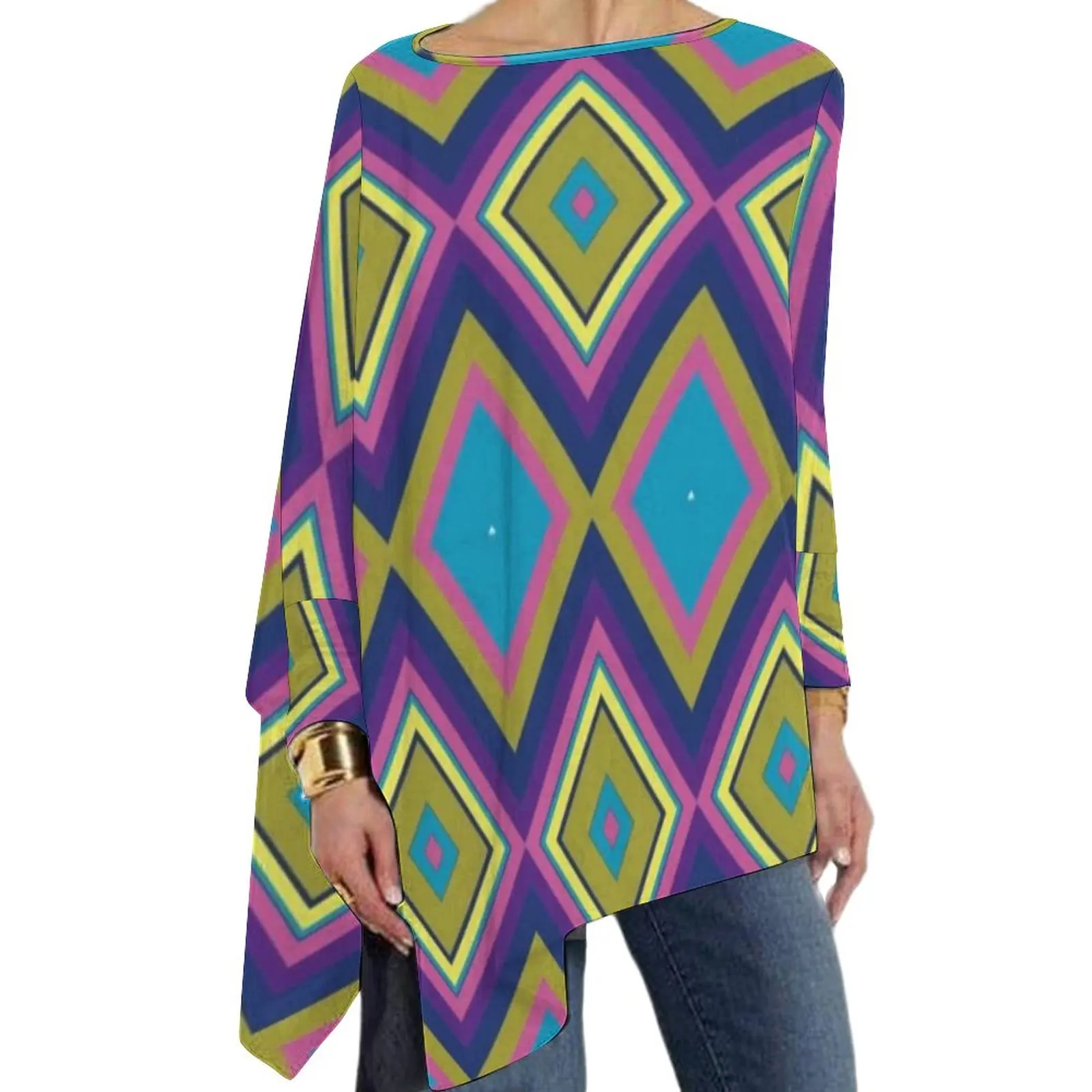 

Футболка женская оверсайз с длинным рукавом, элегантная цветная рубашка с геометрическим принтом, в богемном стиле с алмазным принтом, улич...