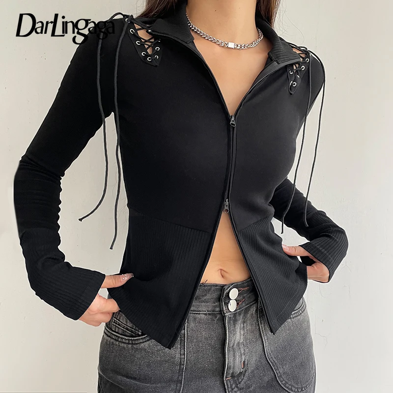 

Darlingaga Fashion Gothic Skinny Zip Up Cardigan Jacket Basic Harajuku Lace Up Knitted Autumn Sweater Top Turtleneck Knitwears