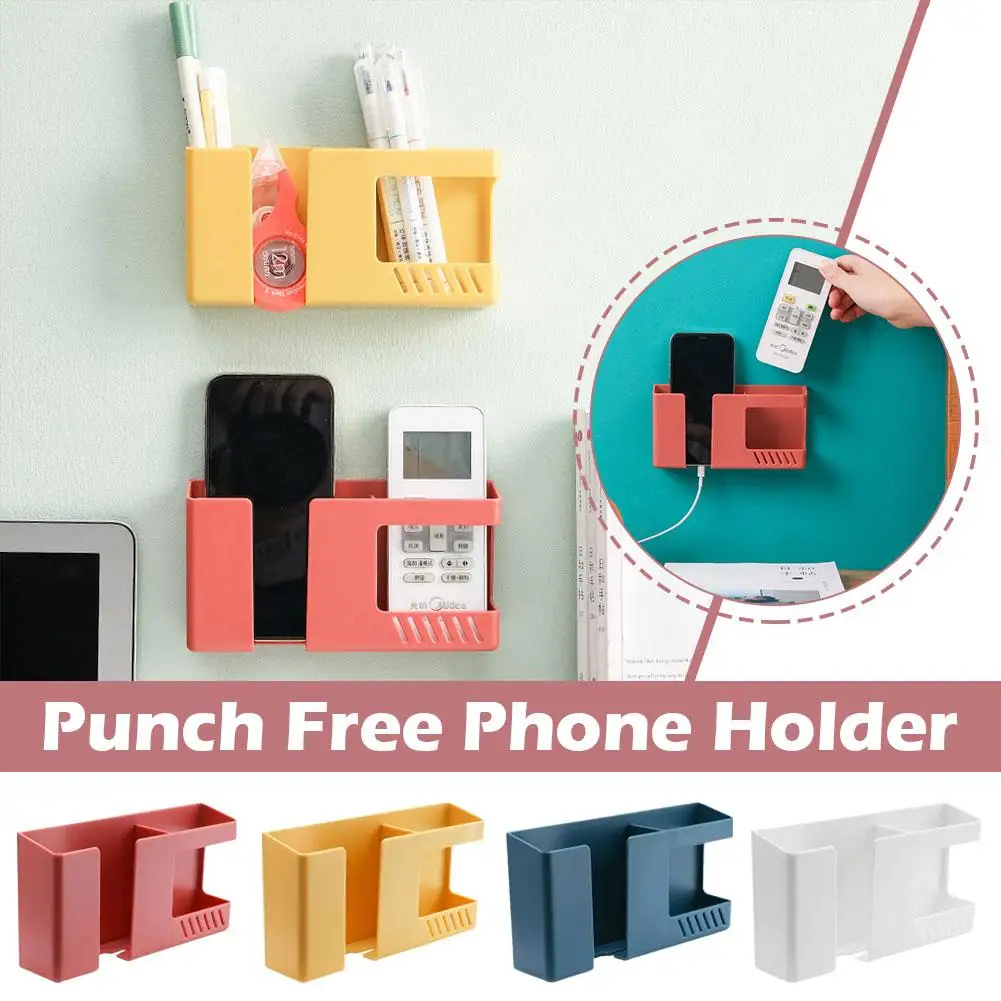 

2 In 1 Wall-mounted Mobile Phone Remote Control Storage Wall Storage Debris Holders Multifunctional Rack Punch-free Storage N9C6